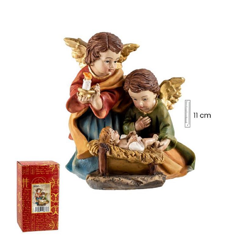 Nio Jess con dos ngeles - Escena navidea en resina - 11 cm.