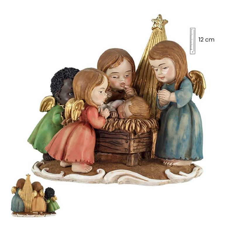 Nio Jess con cuatro ngeles - Escena navidea en resina - 12 cm.
