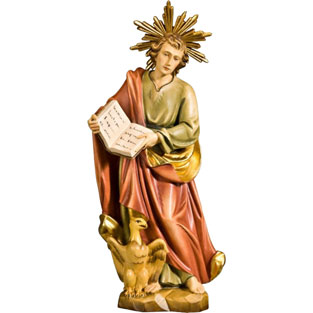 Imagen de San Juan Evangelista (águila) con aureola en talla de madera de Val Gardena