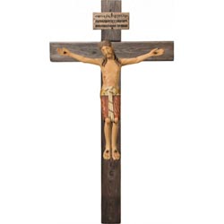 Referencia: 6016AT. Cristo románico en cruz madera en talla de madera de val Gardena