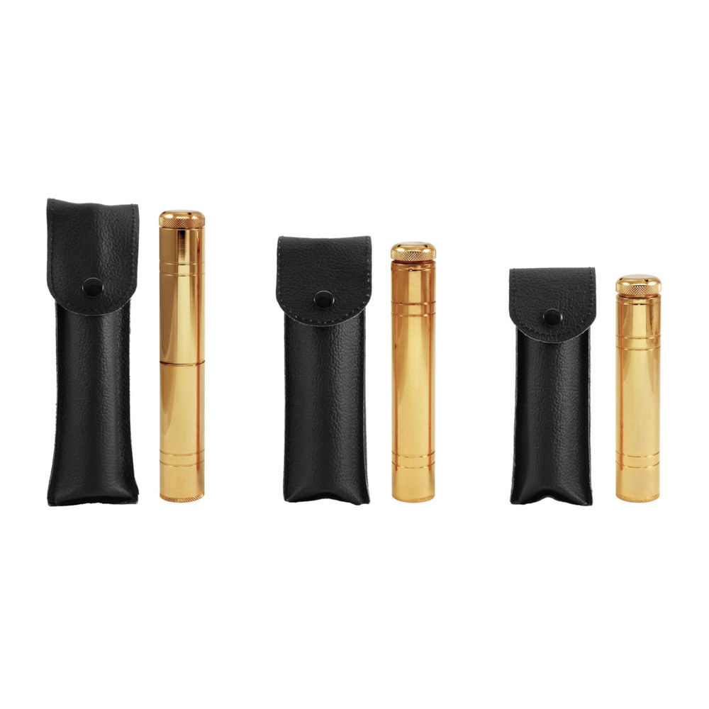 Hisopo de bolsillo en lat�n dorado con funda de cuero genuino  16 cm