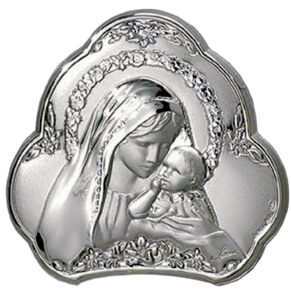 Icono peque�o Virgen con Ni�o en plata de ley sobre tabla de madera