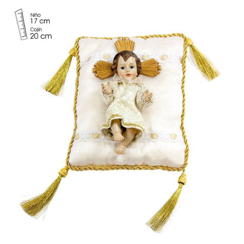 Ni�o Jes�s vestido crema sobre coj�n - Imagen en resina de poli�ster - 17 cm.