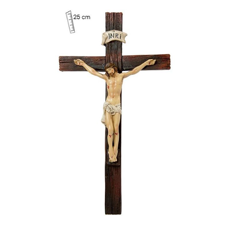 Crucifijo en cruz de madera rstica con Cristo policromado - 25 cm