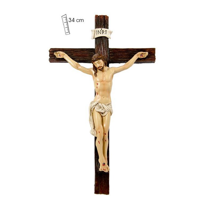 Crucifijo de resina policromada con cruz marr�n de 34 cm