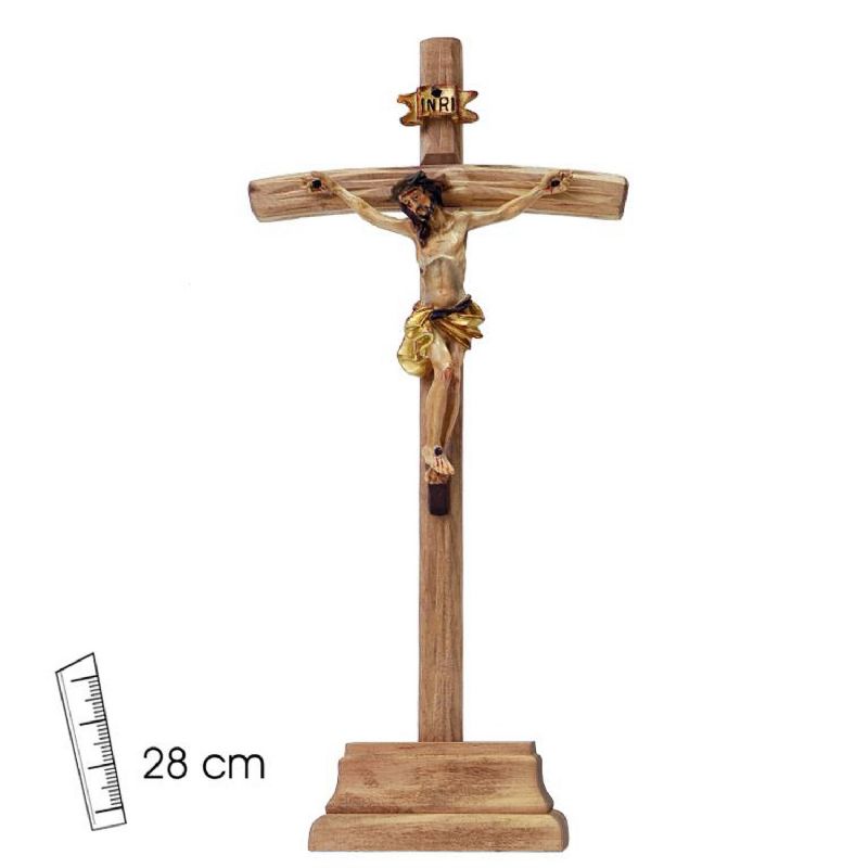 Crucifijo con cruz efecto madera y base - 28 cm
