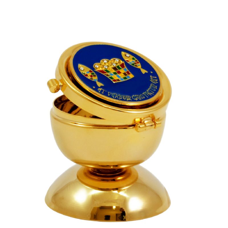 Calicito portavi�ticos de metal dorado , Motivo pan y peces