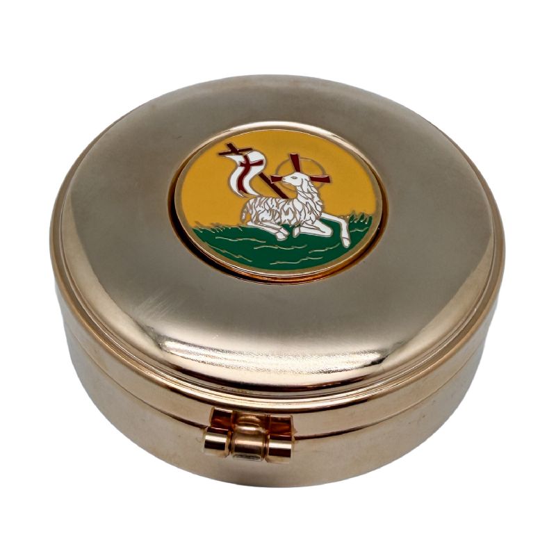 Portavi�tico dorado con medall�n esmaltado del Cordero - Di�metro 9,2 x 2,5 cm