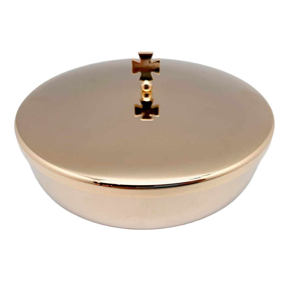 Cop�n-patena en lat�n dorado con tapa y base decorada