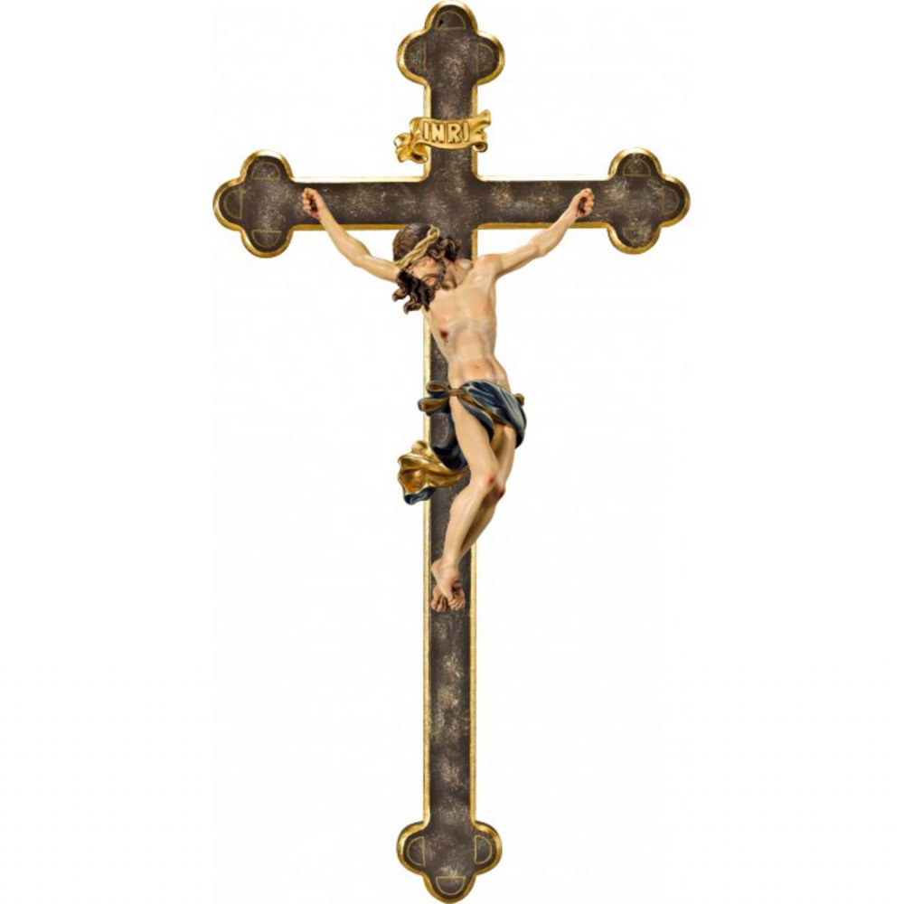 Cristo barroco en cruz barroca - Talla de madera de Val Gardena