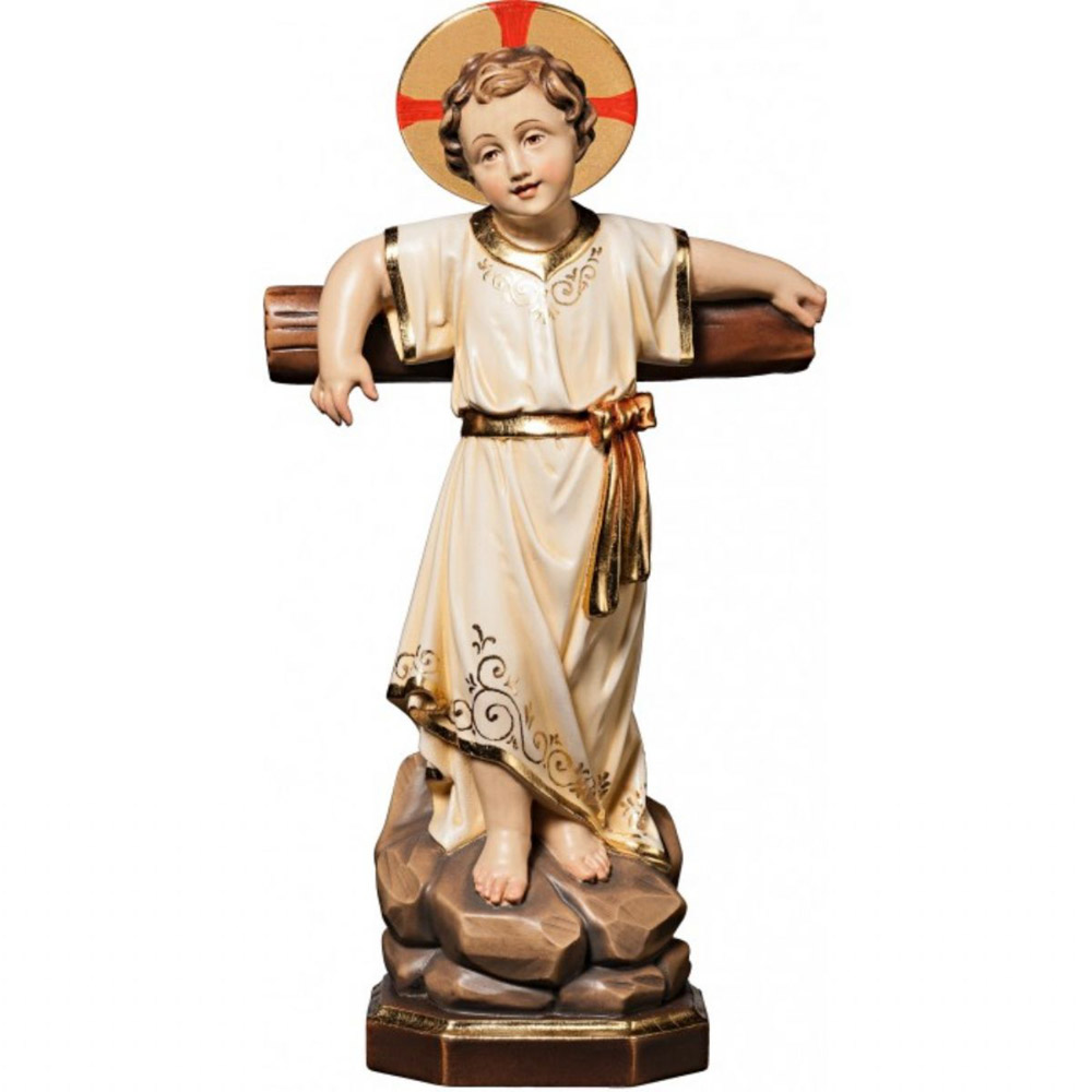 Nio Jess de pie con cruz y aureola - Imagen en talla de madera de Val Gardena