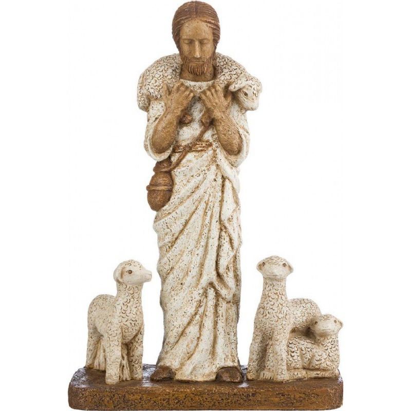 Jes�s Buen Pastor con dos ovejas - Imagen en dolomita policromada - Altura: 38 cm