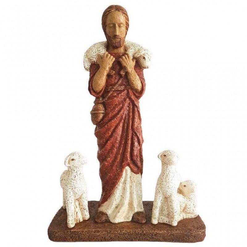 Jes�s Buen Pastor con dos ovejas - Imagen en dolomita policromada - Altura: 38 cm