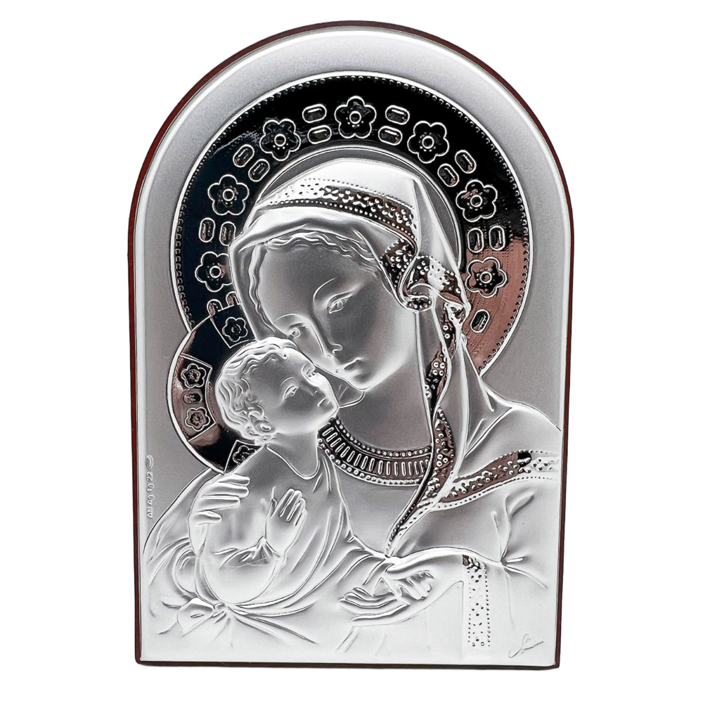 Icono Virgen con Ni�o en plata de ley sobre madera