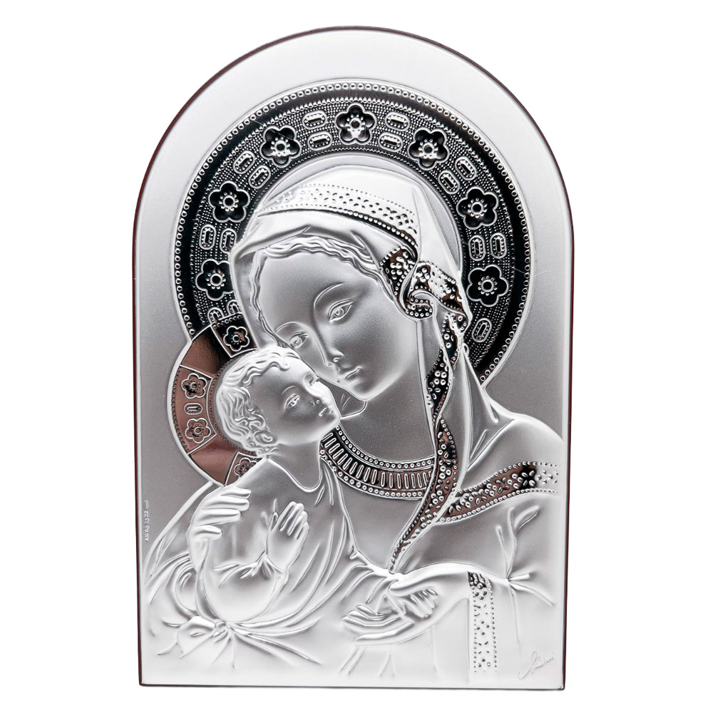 Icono Virgen con Ni�o en plata de ley sobre madera