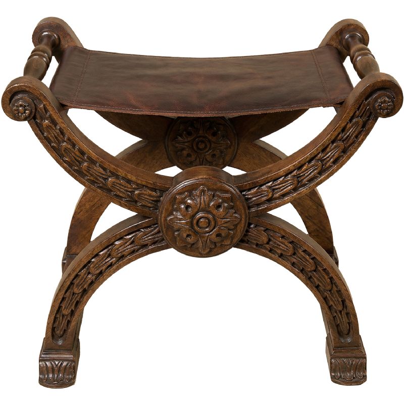 Jamuga banqueta en madera tallada con asiento de cuero - 48 x 48 x 36 cm - Tallistas Espa�oles