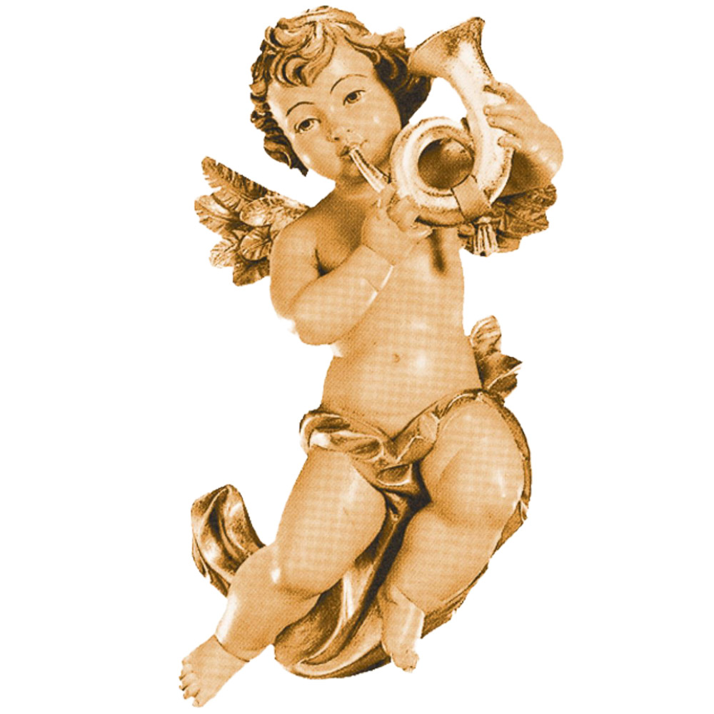 Angel volante con bocina, escultura tallada en madera