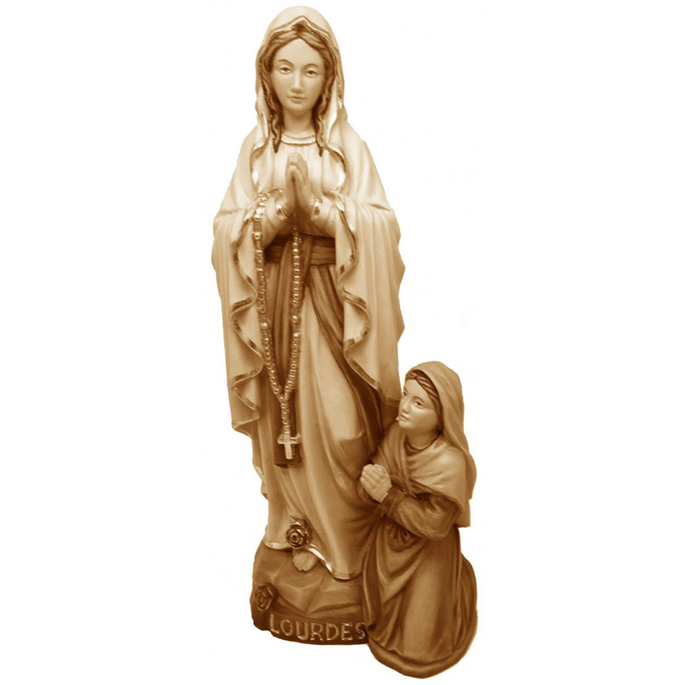 Virgen de Lourdes con Bernardette - Imagen en talla de madera - Medidas: a elegir