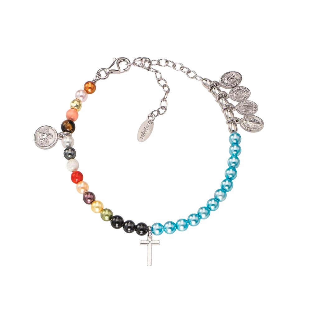 Pulsera de Plata de Ley con Perlas Swarovski Multicolor y Medallas