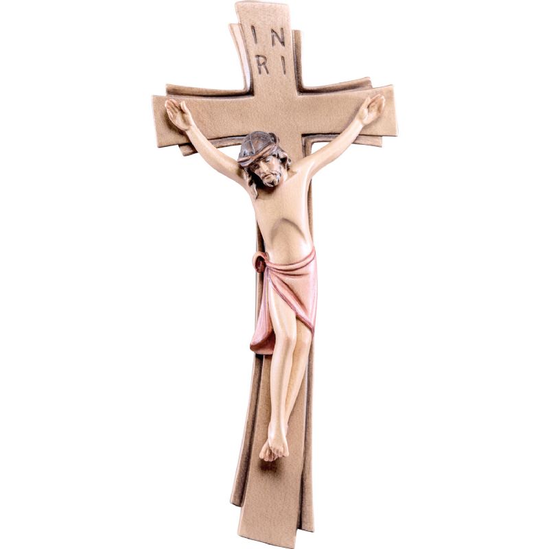 Crucifijo del Sina rojo - Talla de madera de Val Gardena