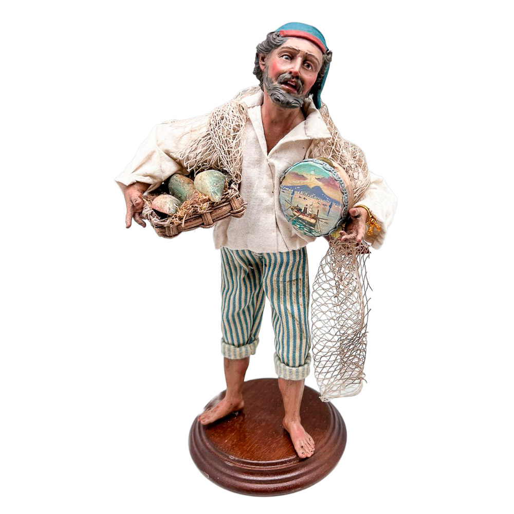 Pastor napolitano pescador en barro y tela - Paolo Fattore - 30 cm