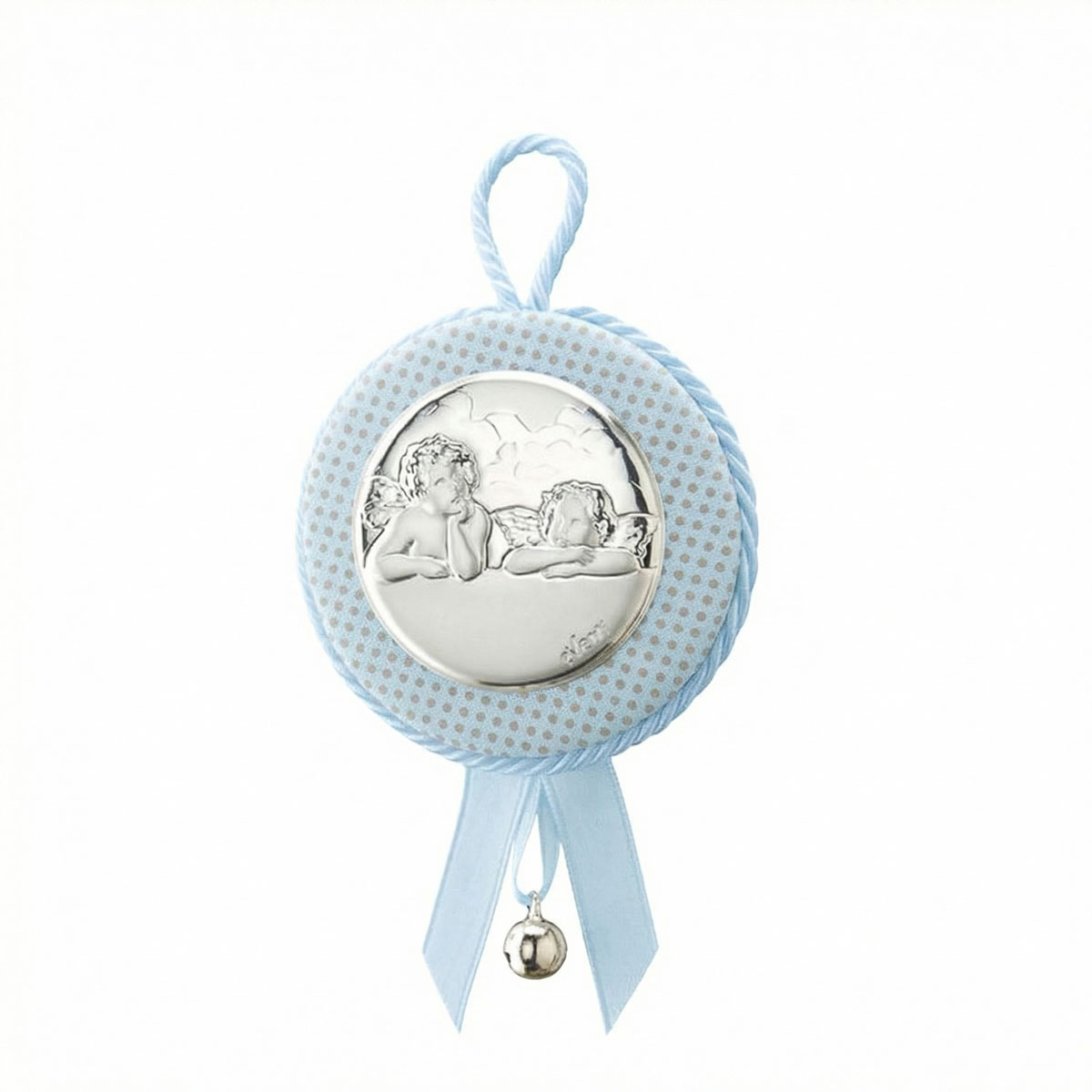 Medall�n de Cuna Redondo en Piel �ngeles Celeste, 7 cm, Con Caja de Regalo