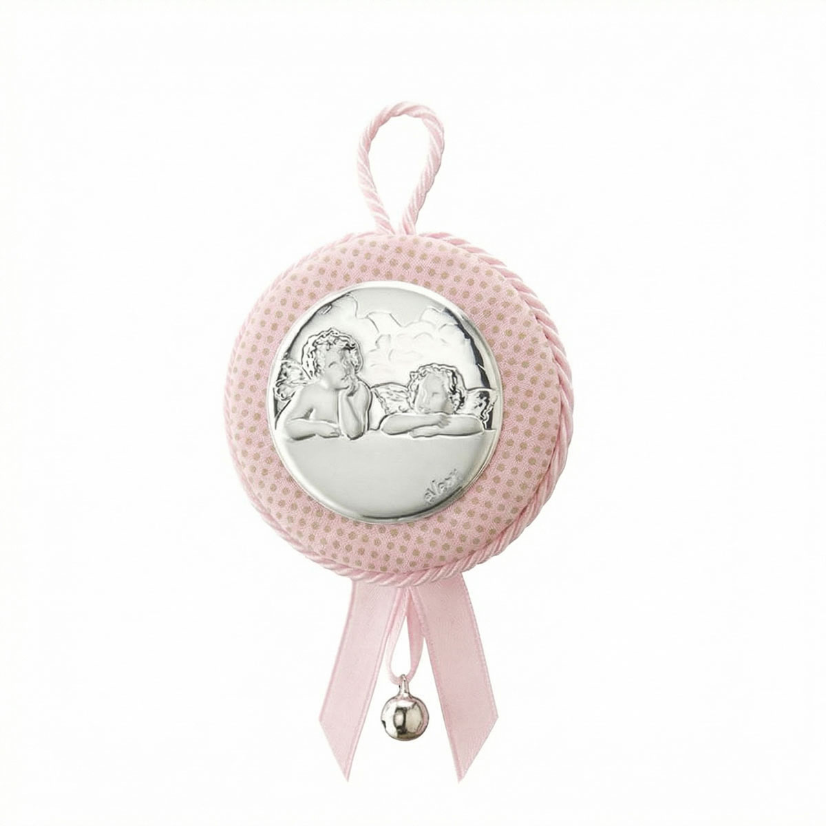 Medall�n de Cuna Redondo en Piel �ngeles Rosa, 7 cm, Con Caja de Regalo