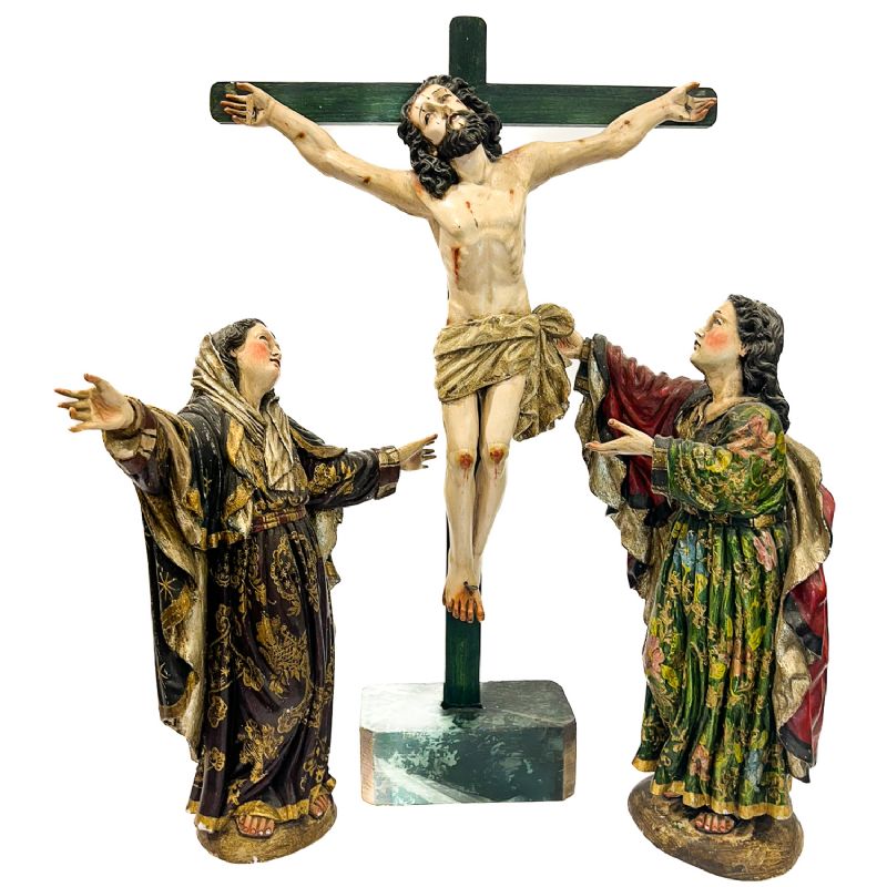 Calvario en talla de madera policromada - Altura Cristo  62 cm