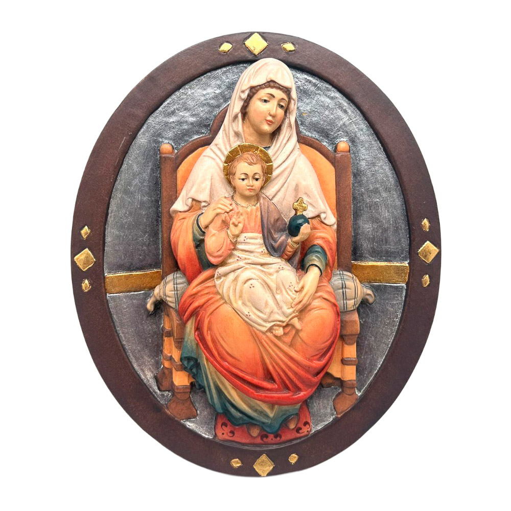 Relieve Ovalado Virgen con Ni�o en Talla de Madera (25 x 21 cm)