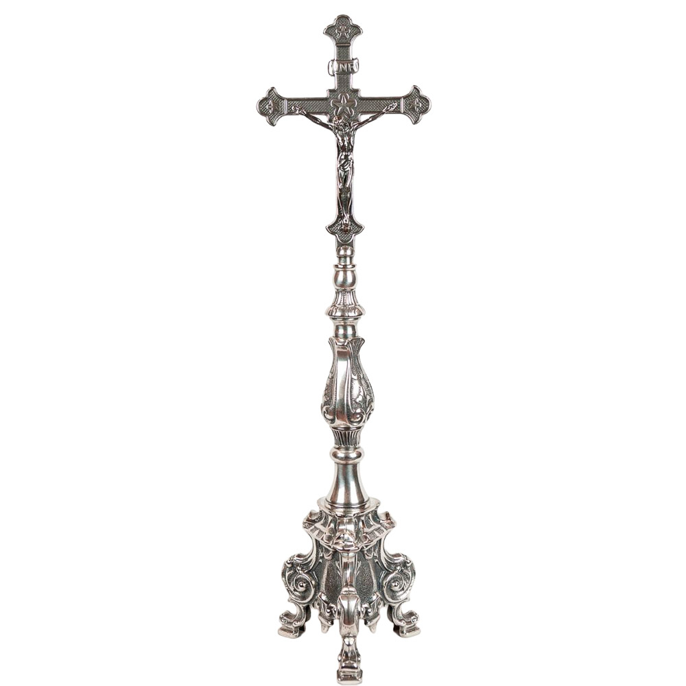 Crucifijo de altar con base barroca - Metal plateado - 48 cm