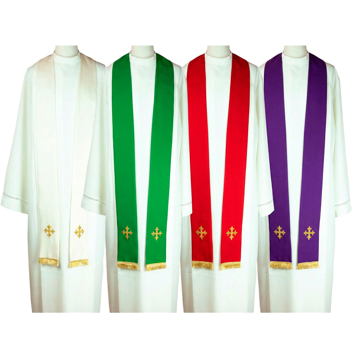 Estola tergal con cruces bordadas y flecos dorados - Varios colores lit�rgicos