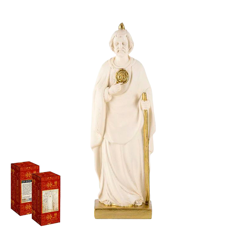 Imagen de San Judas Tadeo en resina crema y oro de 20 cm