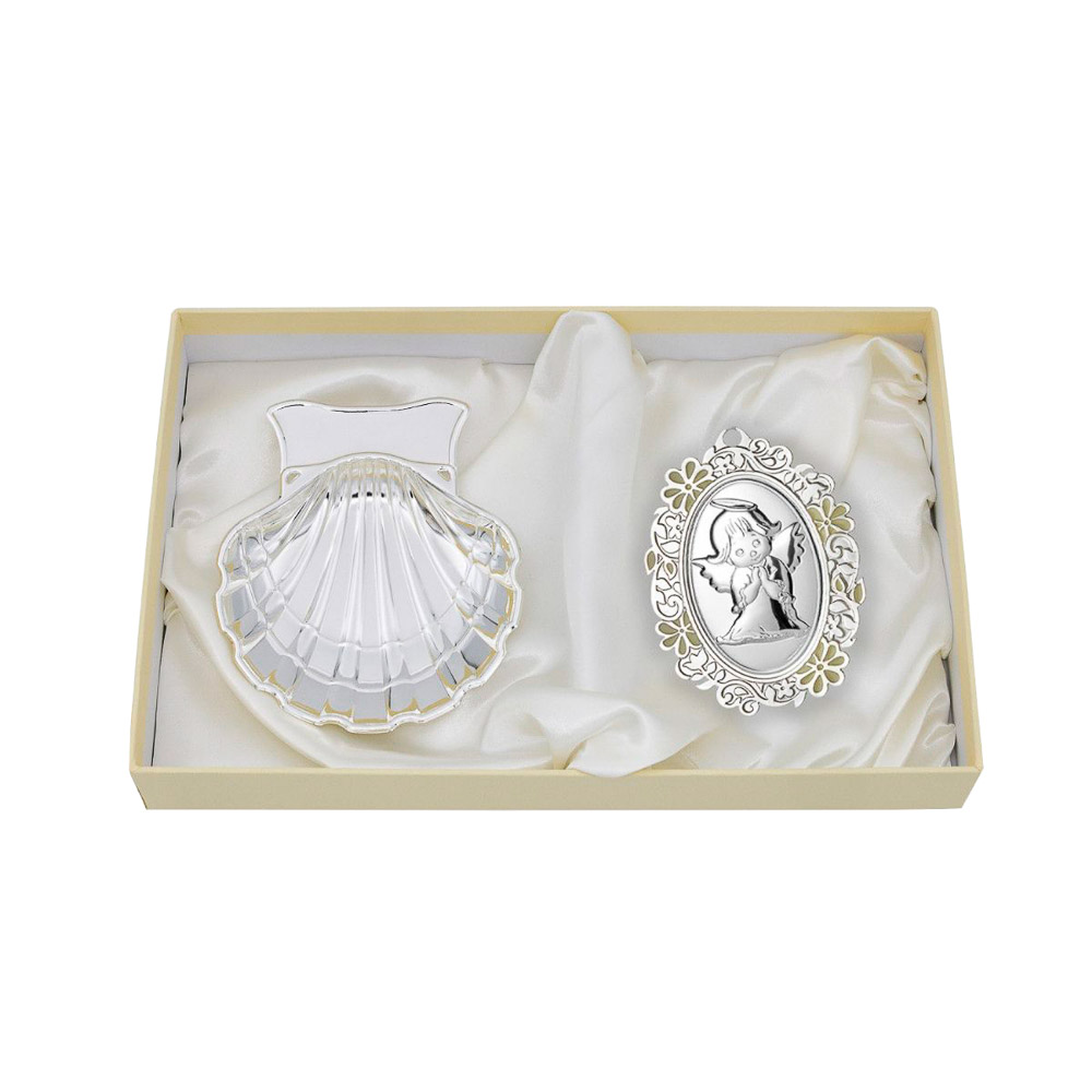  Set de bautismo con concha de metal plateado y medalln de ngel - 13 x 14 cm
