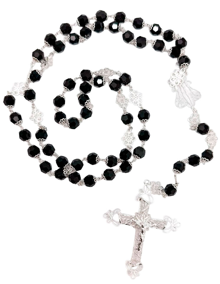 Rosario filigrana plata cristal negro 10 mm
