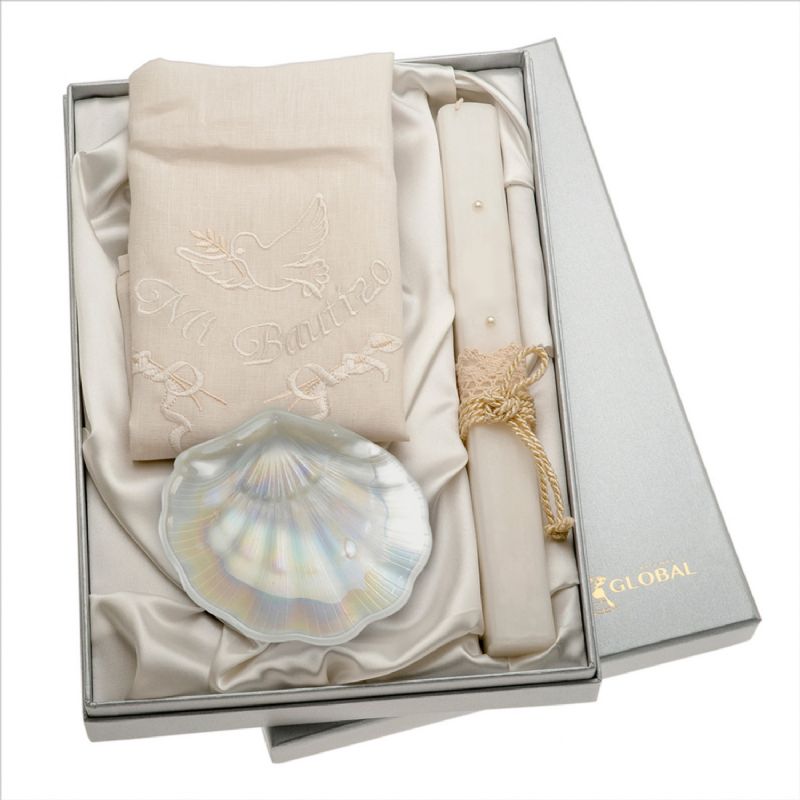 Set bautismo concha plata, vela y pa�o