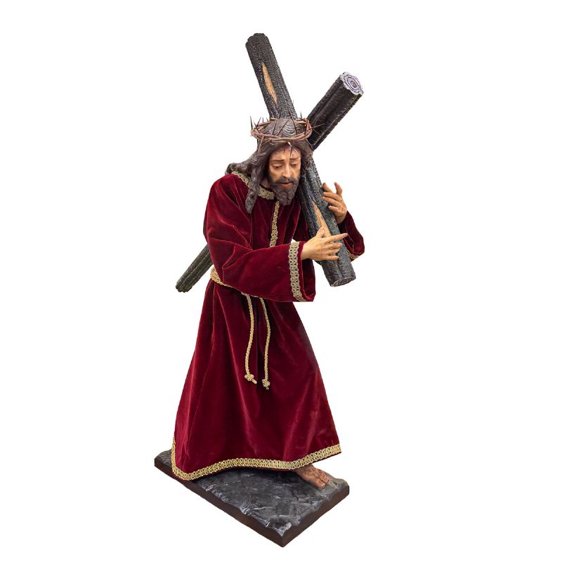 Jes�s Nazareno con cruz en talla de madera con t�nica de terciopelo - 120 cm